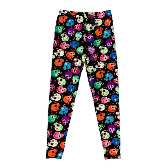 EEVEE Leggings Womens 1X Plus Black Multi Sugar Skull Print Pull On Stretch Yoga - Picture 1 of 12
